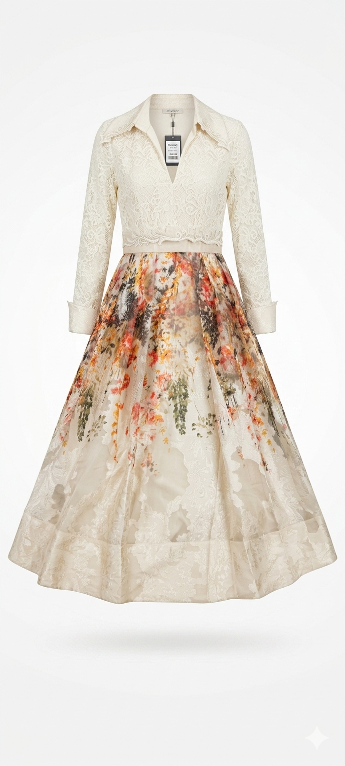 Polen Poe Ivory & Watercolor Floral Statement Midi Dress