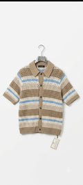 Short-Sleeve Open-Knit Striped Crochet Polo Shirt