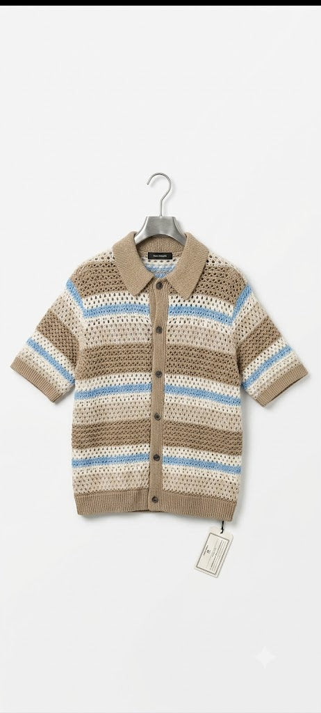 Short-Sleeve Open-Knit Striped Crochet Polo Shirt