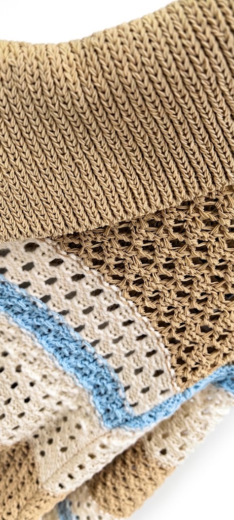 Short-Sleeve Open-Knit Striped Crochet Polo Shirt