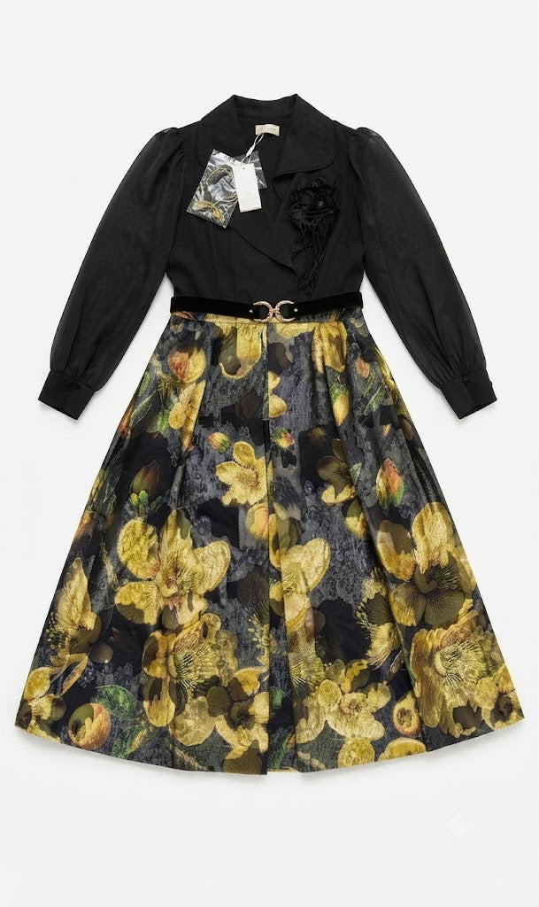 Polen Poe Black & Gold Statement Midi Dress